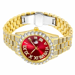 Detailed close-up of golden diamond-encrusted watch with red dial and Roman numerals