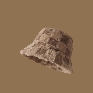 Winter fluffy checkerboard bucket hat for women in premium brown faux rabbit fur texture