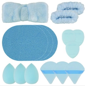 15pcs light blue flannel makeup set with headband wristbands and beauty sponges