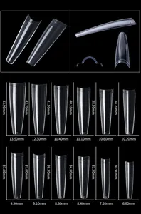 Size chart showing 12 sizes of extra long square clear false nail tips in millimeters
