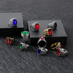 Men Vintage Stainless Steel Ring Artificial Gemstone Carved Signet Punk Gothic Hip Hop Jewelry Accessory