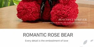 Detailed macro view of handmade red PE foam rose bear with black Just for you ribbon bow