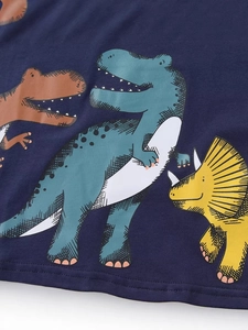 Dark blue boys dinosaur t-shirt featuring colorful cartoon prints and knit fabric