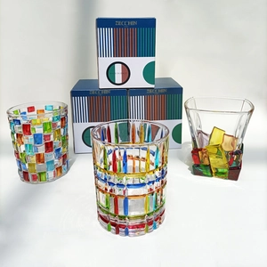 Crystal Glass Whiskey Tumbler Hand Painted Colorful Mosaic Pattern Water Cup Luxury Drinkware Bar Home Decorative