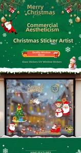 Detailed view of UV printed Christmas window clings with Santa Claus and reindeer icons