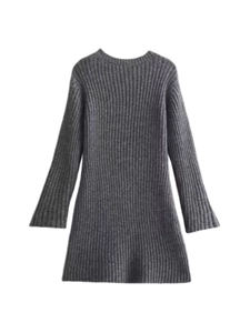 Detailed macro view showing vertical ribbed texture of a dark grey knit sweater dress
