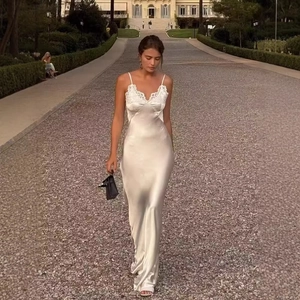 Sexy Lace Trim Satin Maxi Dress Spaghetti Strap Backless V Neck Elegant Solid Color Long Slip Dress For Women