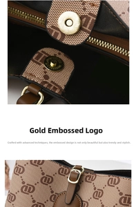 Detail of vintage-style letter print fabric with gold magnetic buckle and adjustable strap