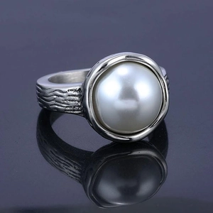 Retro 316L Stainless Steel Artificial Pearl Ring Natural Bark Texture Gothic Punk Jewelry For Men Women