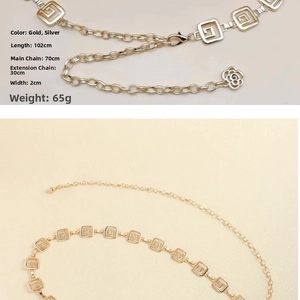 Detail of 102cm gold hollow geometric waist chain with dimensions and pendant close-up