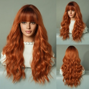 Three-way view of ginger orange long wavy wig with bangs showing front side and back