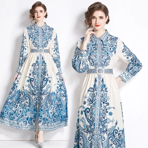 Robe Maxi En Mousseline À Imprimé Paisley Femme Manches Longues Col À Revers Boutonné Élégante Rétro Avec Ceinture