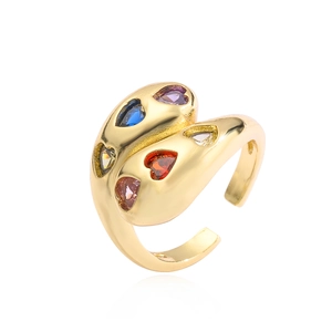 Gold plated adjustable open ring featuring colorful heart-shaped zircon gemstones