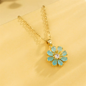 Sunflower Pendant Necklace Stainless Steel With Light Blue Faux Crystal And Zircon Floral Jewelry For Women Trendy