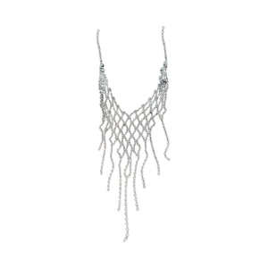 Sparkling silver fringe necklace with V-shaped rhinestone mesh and elegant tassel pendant