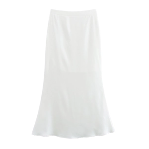 Detail of elegant white satin maxi skirt with smooth texture and fishtail silhouette