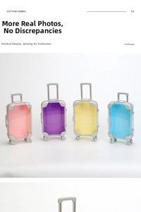 Detailed view of mini transparent suitcase organizers in pink, purple, yellow, and blue colors