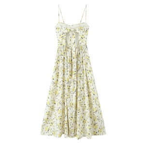 Women's floral print poplin midi dress with open back and bow straps in yellow and white