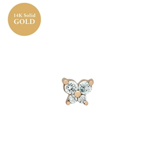 Detailed macro view of 14K solid gold butterfly stud earring with clear zircon inlay