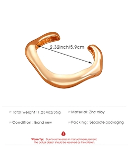 Detail view of irregular rose gold bangle showing 5.9cm diameter and zinc alloy material