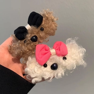 Plush puppy hair clips with bows in brown and white lamb wool, cute winter accessories