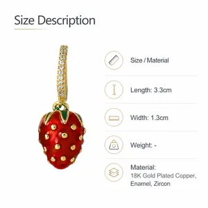 Detail of 18K gold-plated strawberry earrings with red enamel and white zircon stones