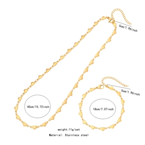Detailed size specifications for gold heart necklace and bracelet set in stainless steel