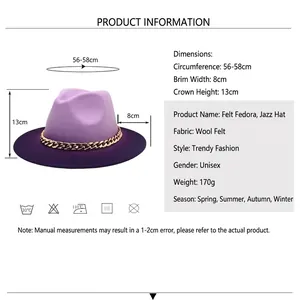 Purple gradient wool fedora hat for men and women with gold chain and size chart guide