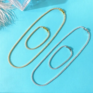 Sparkling Zircon Tennis Necklace And Bracelet For Women Copper Gold Plated Thin Row Diamond Jewelry Accessories