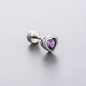 Silver titanium steel heart stud earring featuring a purple zircon gemstone on grey background