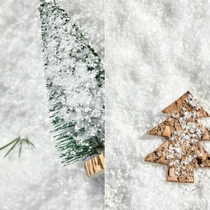 Miniature snowy Christmas trees and wooden ornaments for holiday home decor displays