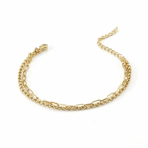 Bracelet double couche en acier inoxydable doré avec maillons trombone et jais rolo