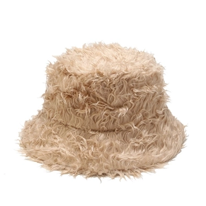 Thick beige plush bucket hat with fluffy faux fur texture for winter warmth