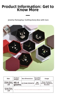 Detailed size chart for hexagonal jewelry box showing outer and inner dimensions