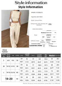 Tabella taglie e dettagli tessuto per set donna gilet senza maniche e pantaloni casual