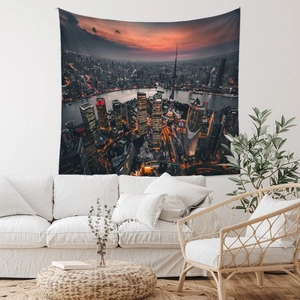 Detail of bohemian wall tapestry featuring Shanghai Pudong Lujiazui night skyline view