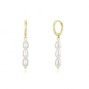 Detailed view of elegant gold hoop earrings with three vertical white pearls on white background