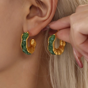 PVD gold plated stainless steel C-shaped hoop earrings with green crystal stones