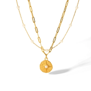 18K gold plated stainless steel layered necklace with compass pendant and pearls