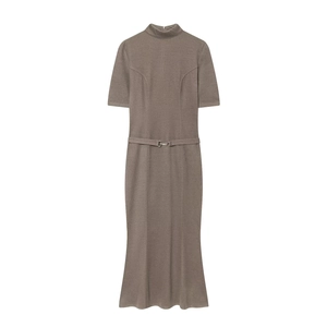 Short sleeve knit maxi dress with stand collar and waist belt in taupe fishtail design
