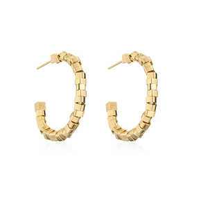 Detail of geometric square chain hoop earrings in polished gold plated finish