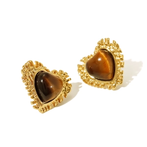 Vintage heart-shaped tiger eye earrings with gold-plated stainless steel setting