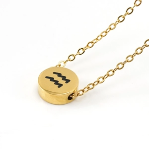 Macro shot of gold stainless steel necklace with Aquarius zodiac symbol round pendant