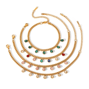 Gold stainless steel Cuban chain bracelet with colorful teardrop zircon charms for women