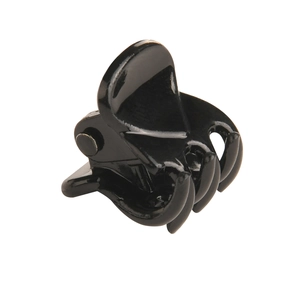 Close-up of black glossy plastic hair claw clip with metallic spring and multi-tooth design