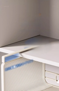 Detail of white metal under-cabinet basket with anti-slip hook for shelves under 3cm