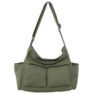 Army green canvas messenger bag with multi-pockets and adjustable strap for women