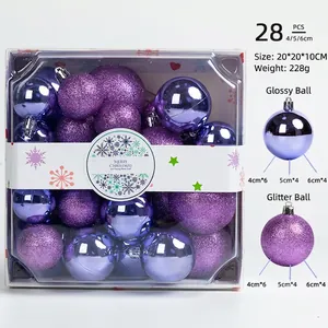 Detail of 28pcs purple Christmas ball ornaments in shiny and glitter finish for decor