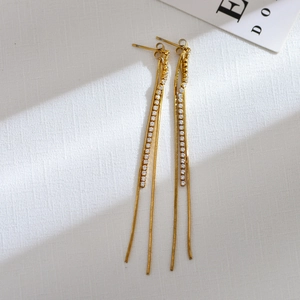 Elegant gold-plated stainless steel geometric tassel earrings with white zircon crystals