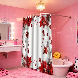 Detail of Christmas shower curtain with red poinsettia patterns and metal grommets